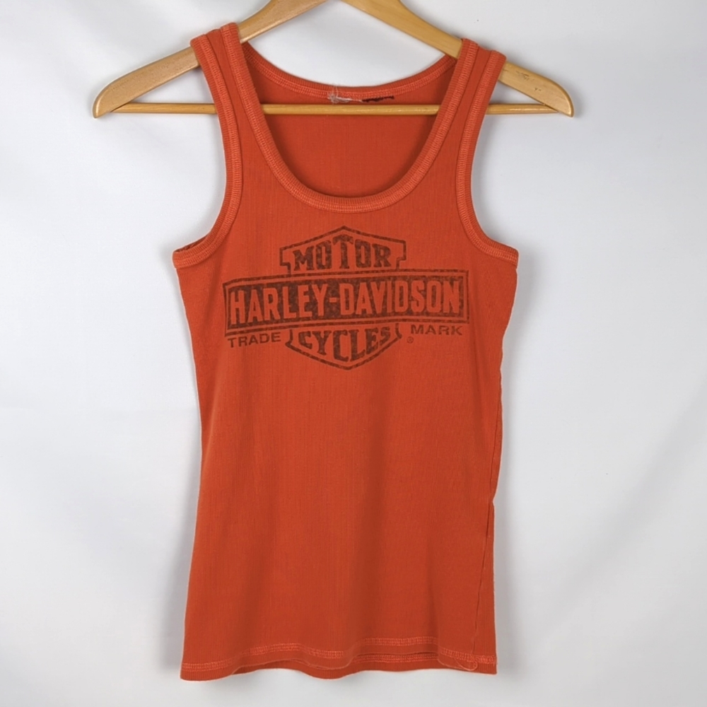 Vintage HARLEY DAVIDSON  Tank Top Tight Fit Ribbed Orange Black